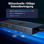 Der UGREEN Revodok Pro USB-C Hub bietet als dockingstation 10Gbps SuperSpeed-Datenübertragung für schnelle Datei­bearbeitung und große Medienprojekte.Datenubertragung