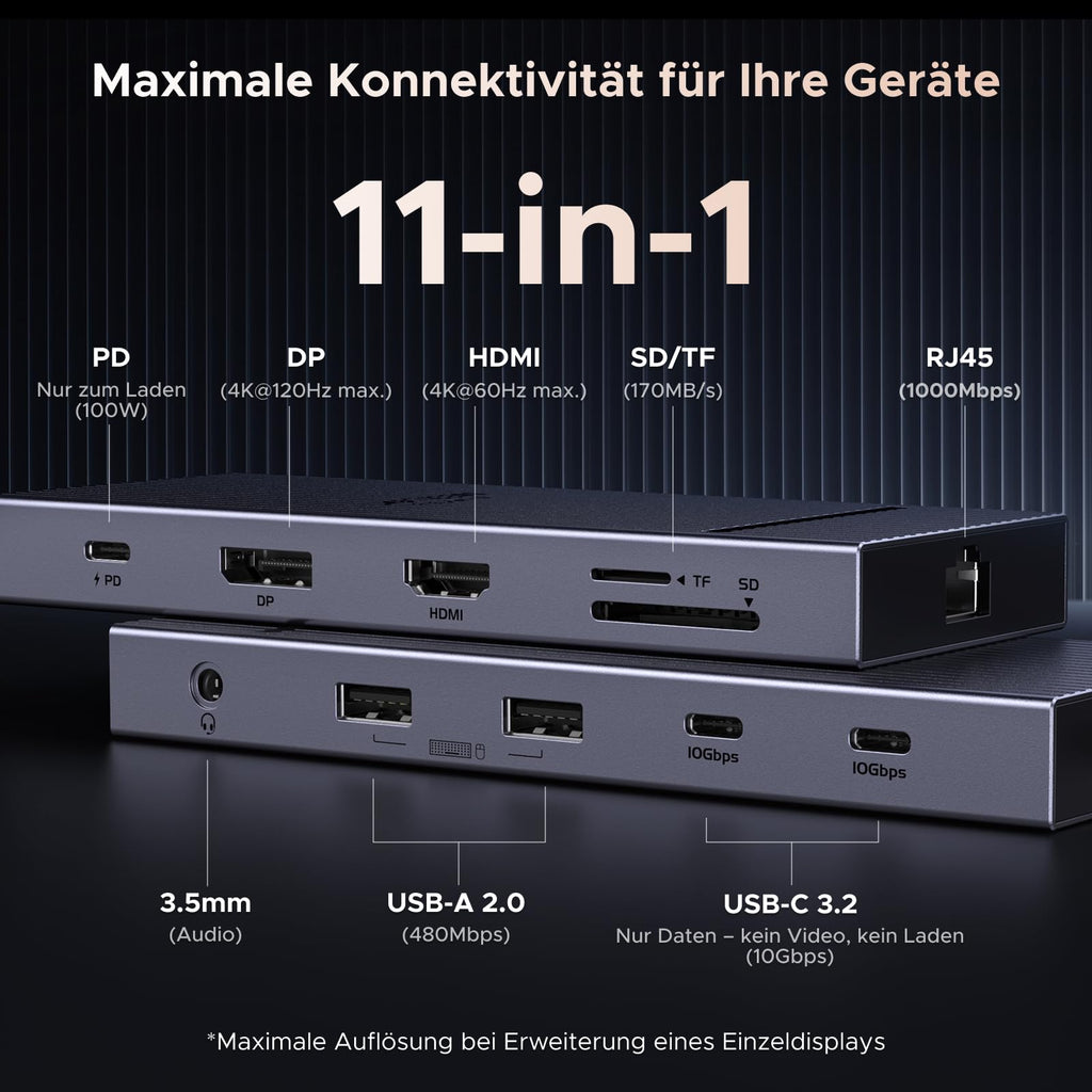 UGREEN Revodok Pro Dockingstation mit 11-in-1 Anschlüssen als vielseitiger usb-hub, inklusive PD-Port, DisplayPort, HDMI, SD/TF-Slots und Gigabit-Ethernet für maximale Geräte-Konnektivität.