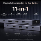 UGREEN Revodok Pro Dockingstation mit 11-in-1 Anschlüssen als vielseitiger usb-hub, inklusive PD-Port, DisplayPort, HDMI, SD/TF-Slots und Gigabit-Ethernet für maximale Geräte-Konnektivität.