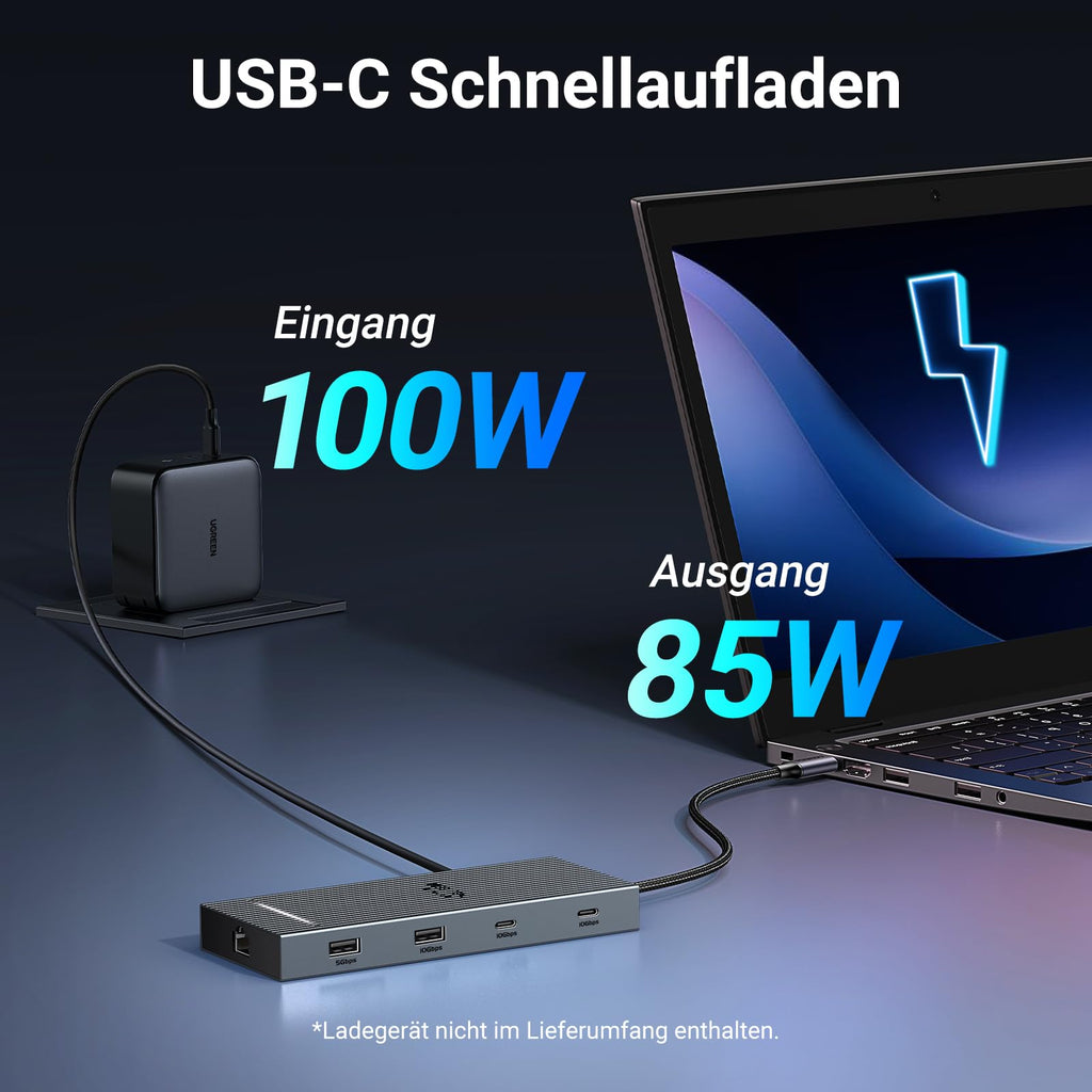 UGREEN Revodok Pro USB-C Hub liefert als dockingstation starke PD-Unterstützung für unterbrechungsfreies Laptop-Laden während der Nutzung.