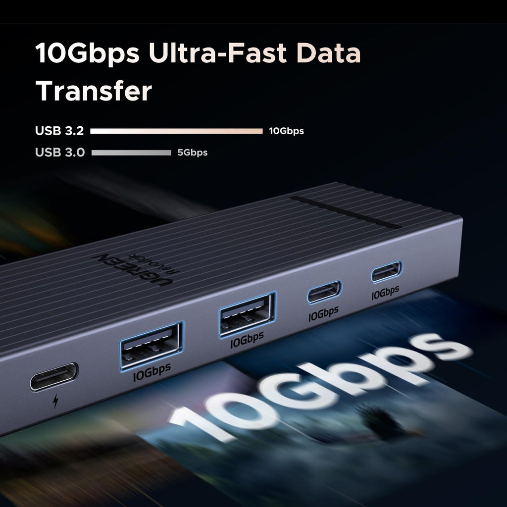 Der UGREEN Revodok Pro USB-C Hub (10Gbps, 6-IN-1, 4K@60Hz) unterstützt als schnelle dockingstation USB-3.2-Übertragungen mit bis zu 10Gbps und bietet damit doppelte Geschwindigkeit im Vergleich zu USB 3.0.