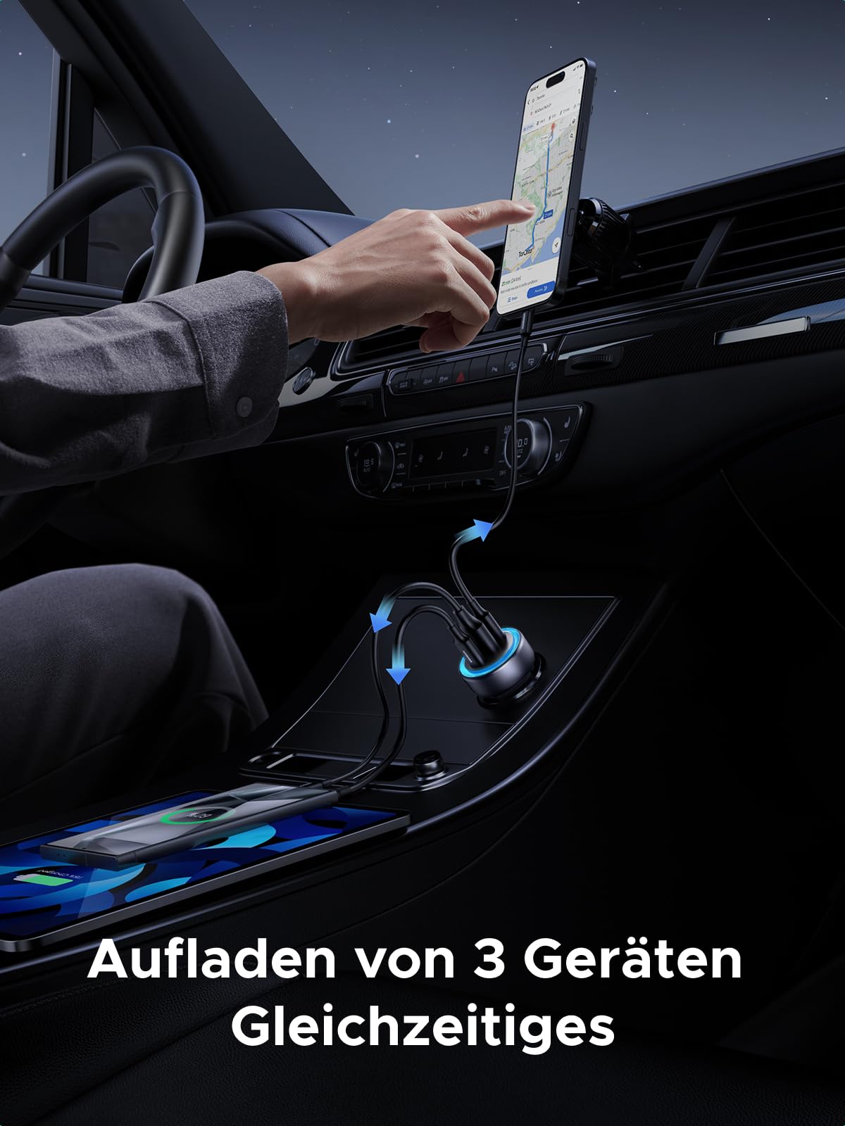 Gleichzeitiges Aufladen von drei Geräten mit dem UGREEN PD Autoladegerät (30W, 3-Port, USB-C), einem kompakten Ladeadapter, der dank seiner praktischen 3-Port-Konfiguration effizientes Laden im Auto ermöglicht und eine kabellos flexible Nutzung sowie eine magnetisch stabile Verbindung unterstützt