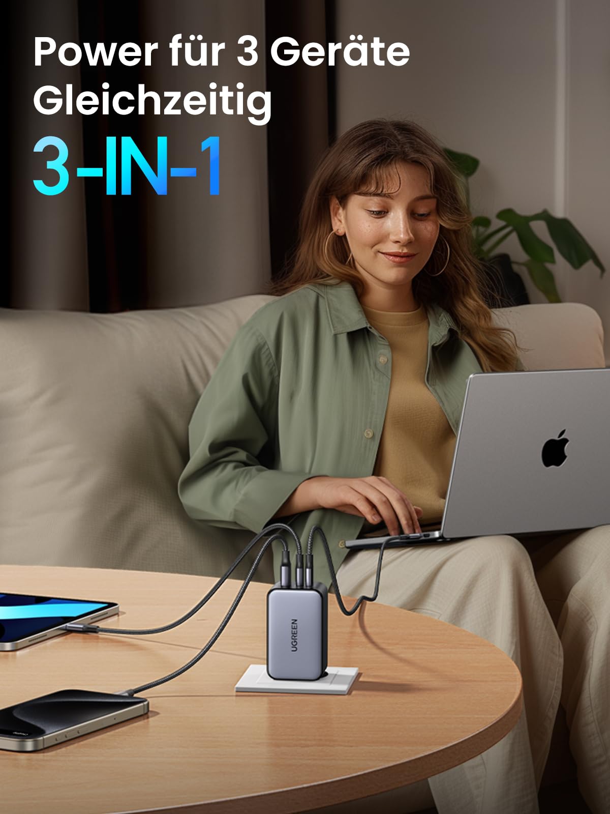 UGREEN Nexode X 100 W USB-C 3-Port GaN Ladegerät, Power fur 3 Gerate Gleichzeitig 3-in-1