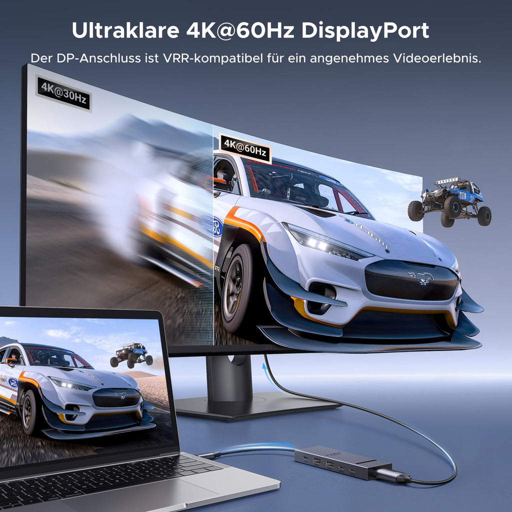 UGREEN Revodok Pro 1062 Dockingstation (6 Ports, 4K@60Hz, 10Gbps, 100W) ermöglicht über DisplayPort eine ultraklare 4K@60Hz Anzeige als USB-C-Hub.