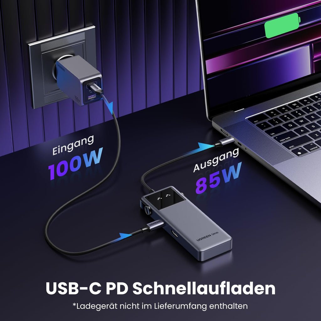 Die UGREEN Uno USB-C Hub dockingstation unterstützt USB-C Power Delivery mit bis zu 100W Eingang und maximal 85W Ausgang zum gleichzeitigen Laden des Laptops während der Nutzung aller Anschlüsse.