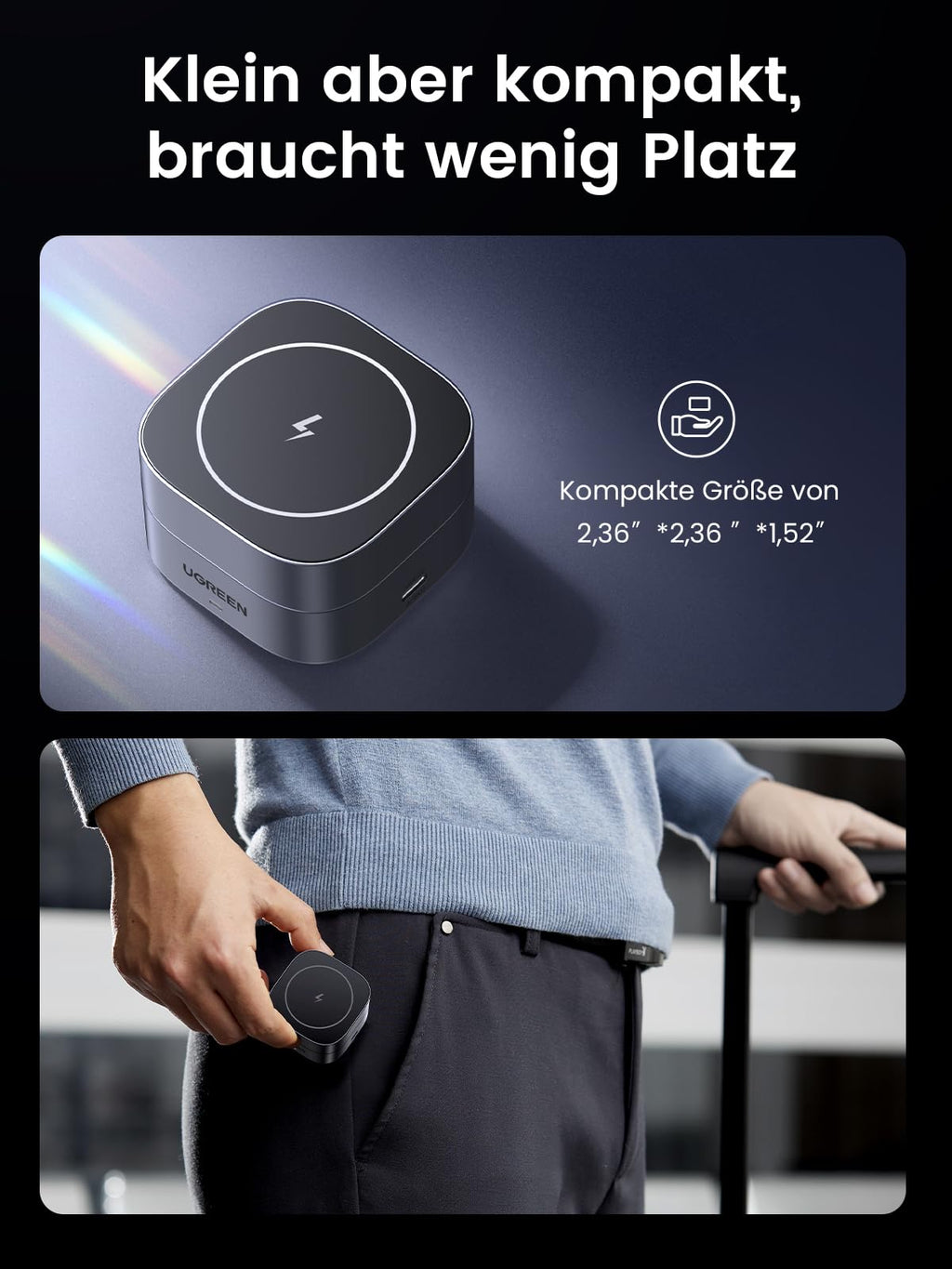 Kompakt und tragbar mit 2,36×2,36×1,52 Zoll, liefert UGREEN MagFlow 2-in-1 kabelloses Ladegerät Genshin Impact Edition Qi2 15W kabelloses Laden mit MagSafe-kompatibler Unterstützung und sicherer magnetischer Haltekraft.