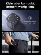 Kompakt und tragbar mit 2,36×2,36×1,52 Zoll, liefert UGREEN MagFlow 2-in-1 kabelloses Ladegerät Genshin Impact Edition Qi2 15W kabelloses Laden mit MagSafe-kompatibler Unterstützung und sicherer magnetischer Haltekraft.