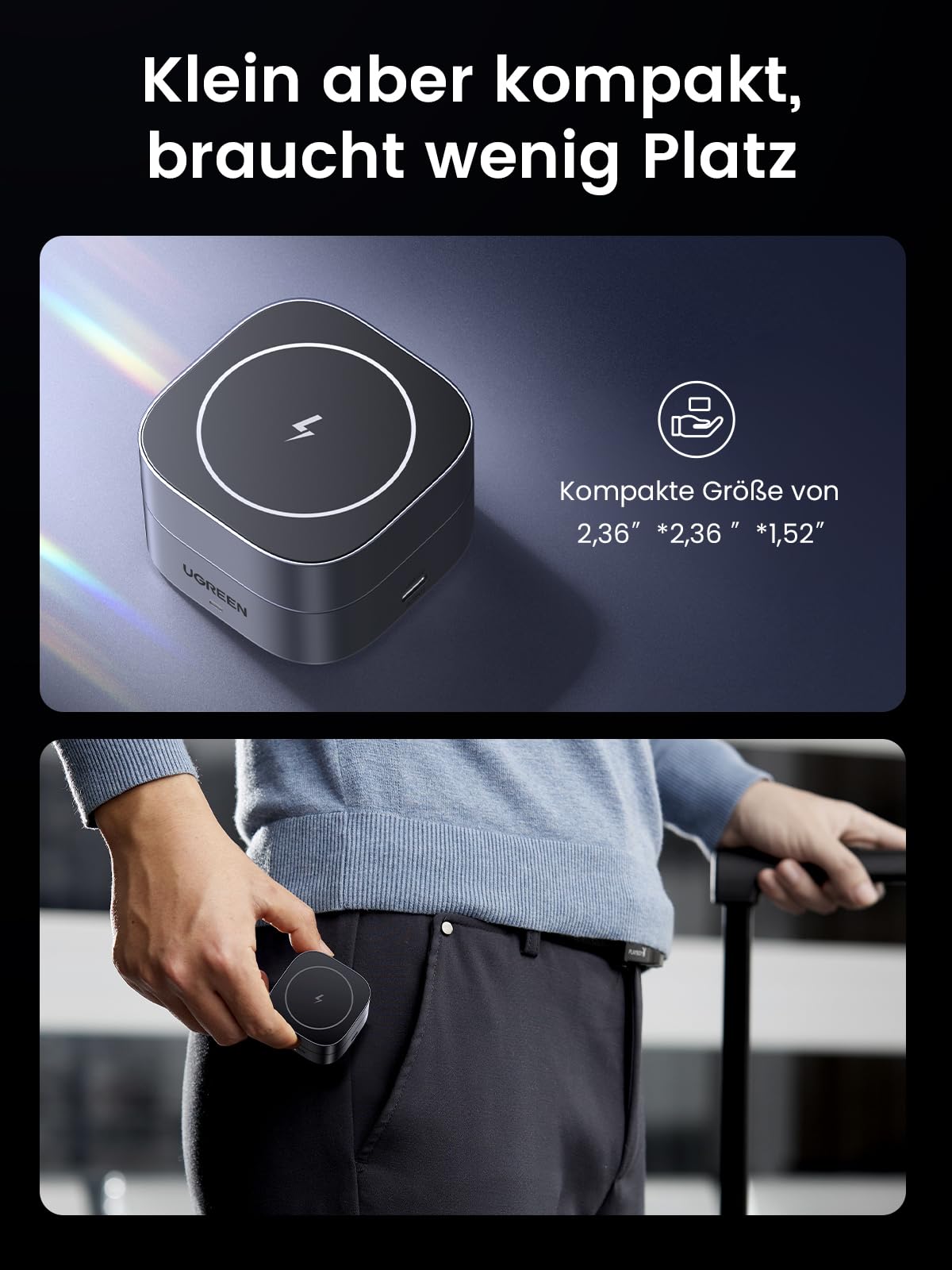 Kompakt und tragbar mit 2,36×2,36×1,52 Zoll, liefert UGREEN MagFlow 2-in-1 kabelloses Ladegerät Genshin Impact Edition Qi2 15W kabelloses Laden mit MagSafe-kompatibler Unterstützung und sicherer magnetischer Haltekraft.