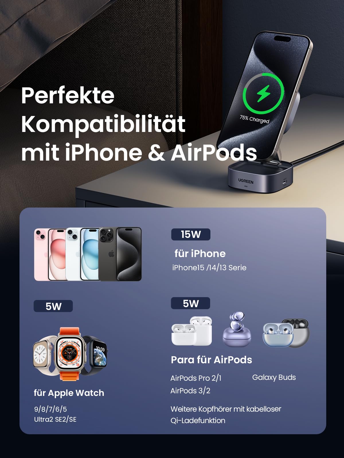 UGREEN MagFlow 2-in-1 kabelloses Ladegerät, vollständig MagSafe-kompatibel, unterstützt Qi2 15W kabelloses Laden für iPhone 15/14/13 und bietet 5W Laden für Apple Watch (Series 9/8/7/6/5, Ultra2, SE) sowie Bluetooth-Kopfhörer einschließlich AirPods, Galaxy Buds und Xiaomi Air 2s, mit starker magnetischer Ausrichtung für sicheres Laden.