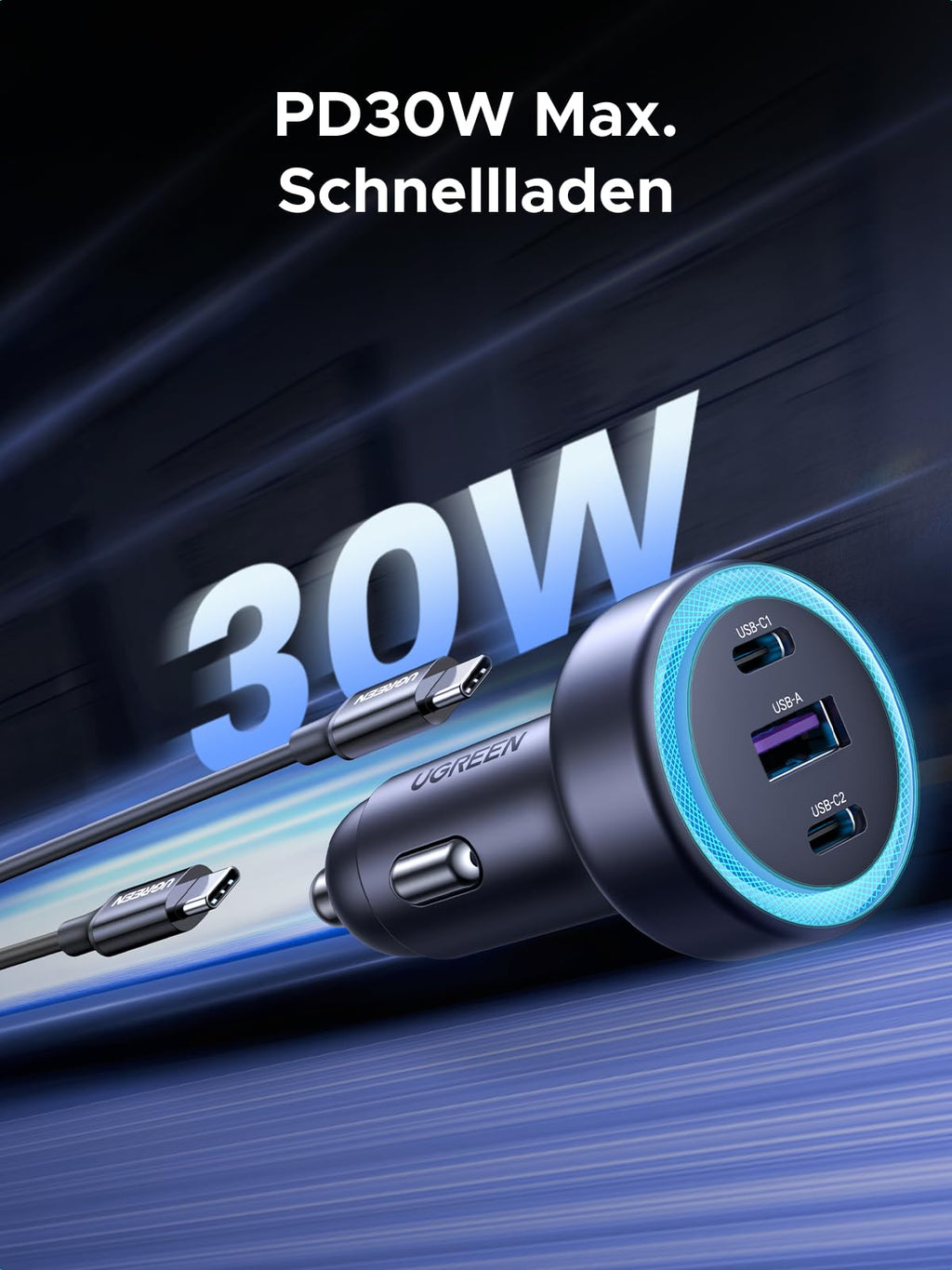 30W-PD-Schnellladen mit dem UGREEN PD Autoladegerät (30W, 3-Port, USB-C), einem kabellos wirkenden kompakten Ladeadapter, der zuverlässige Leistung für unterwegs bietet und moderne Geräte schnell mit magnetisch sauberer Verbindung versorgt