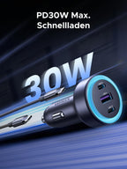 30W-PD-Schnellladen mit dem UGREEN PD Autoladegerät (30W, 3-Port, USB-C), einem kabellos wirkenden kompakten Ladeadapter, der zuverlässige Leistung für unterwegs bietet und moderne Geräte schnell mit magnetisch sauberer Verbindung versorgt
