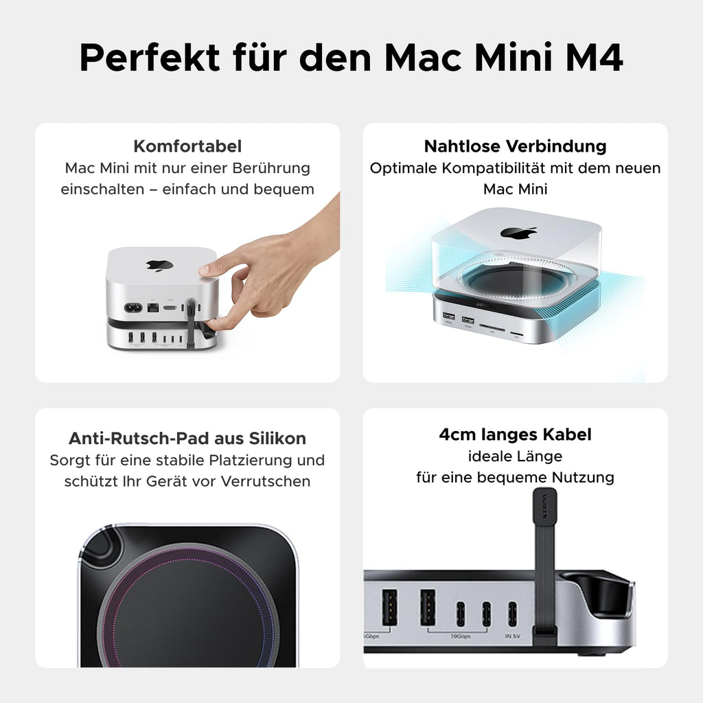 Die UGREEN Mac mini M4 Dockingstation ist speziell auf den Mac mini M4 zugeschnitten und bietet eine nahtlose Integration, einen direkten Zugang zum Netzschalter, rutschfeste Silikonpads für stabilen Halt sowie ein 4 cm kurzes USB-C-Kabel für eine saubere und platzsparende Installation.
