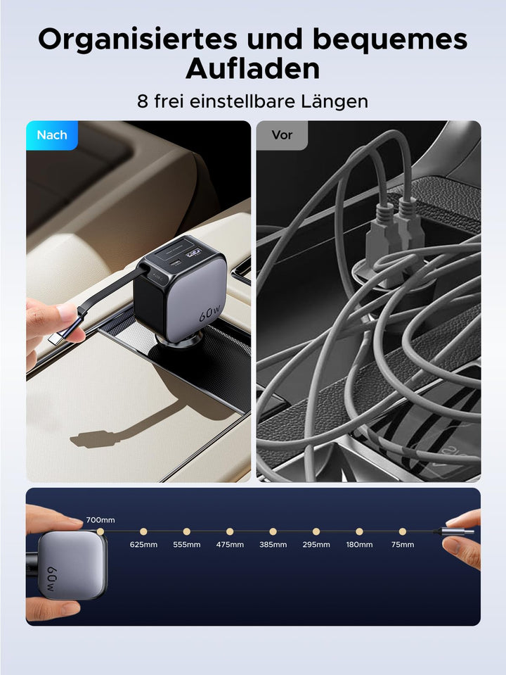 UGREEN Nexode Auto-Ladegerät 60W mit ausziehbarem USB-C-Kabel sorgt mit 8 einstellbaren Kabellängen für ordentliches und bequemes Aufladen im Auto, ideal für flexibles Kabelmanagement unterwegs.