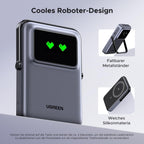 UGREEN Uno Magnetische Kabellose Powerbank (10000mAh, 7.5W, MagSafe-kompatibel) besticht durch ein cooles Roboter-Design mit faltbarem Metallständer und weichem Silikonmaterial für sicheren Halt und komfortables Laden.