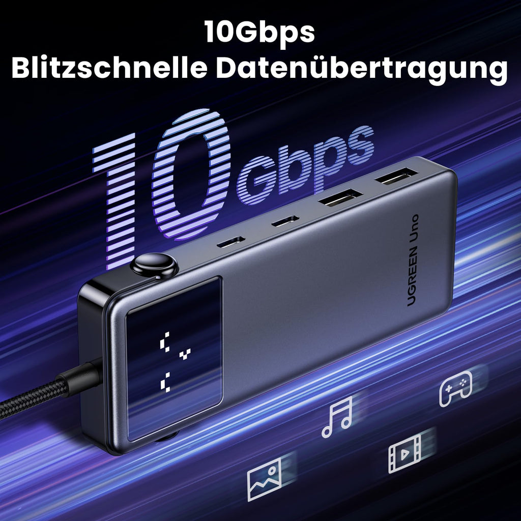 Mit bis zu 10Gbps Datenübertragung ermöglicht die UGREEN Uno USB-C Hub als dockingstation eine schnelle Übertragung von Bildern, Videos und Dateien über USB-A- und USB-C-3.2-Anschlüsse.