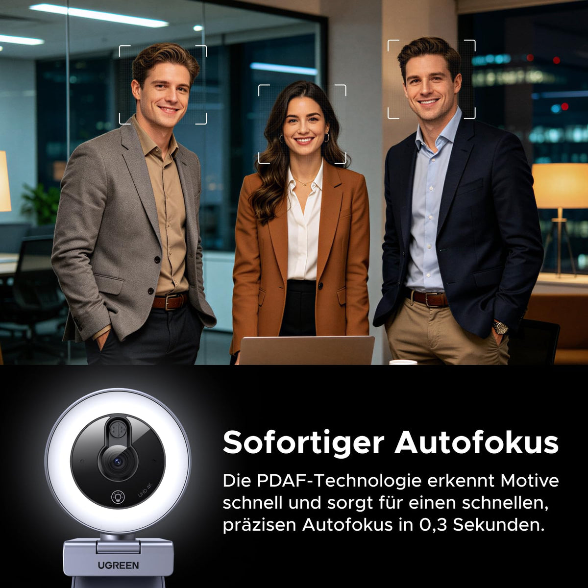 UGREEN 4K Webcam mit Ringlicht, Autofokus, Objektivdeckel, 6 Lichtstufen