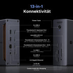 Die UGREEN Revodok Max 2131 Dockingstation (13-in-1, 140W, Thunderbolt 5) bietet als vielseitiger USB-Hub umfassende Konnektivität mit Thunderbolt-5-Upstream- und Downstream-Ports, USB-A- und USB-C-Anschlüssen, microSD- und SD-4.0-Steckplätzen, 2.5-GbE-Netzwerkport und Audio-Ein/Ausgang.