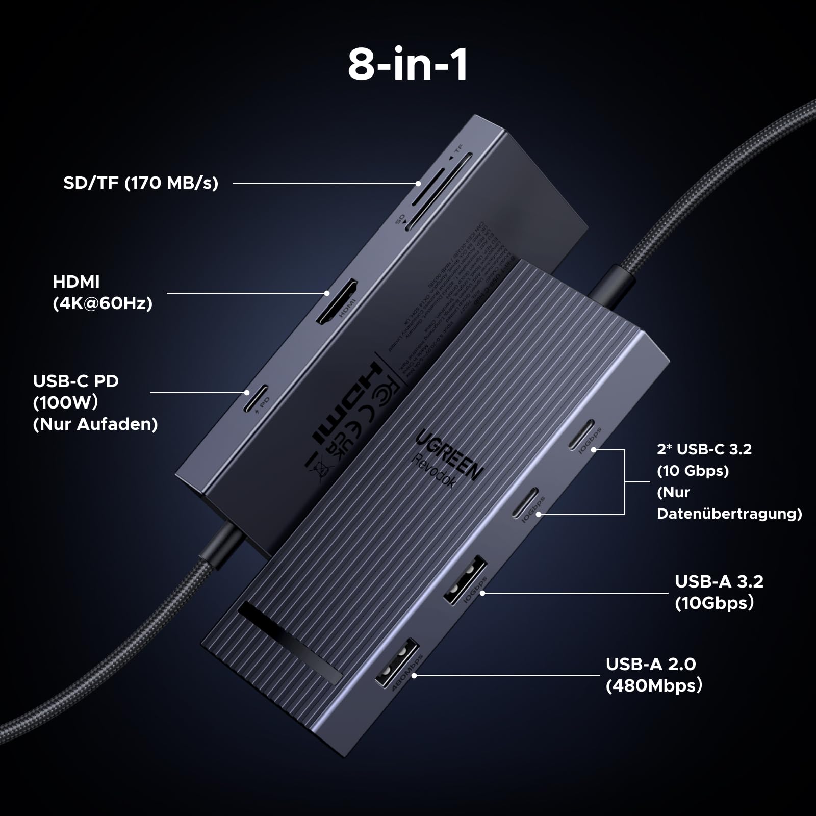 Die UGREEN Revodok Pro USB-C Hub (8-in-1, 10Gbps, 4K@60Hz) fungiert als dockingstation und bietet HDMI 4K@60Hz, USB-A und USB-C 10Gbps, SD/TF-Kartenleser sowie USB-C PD für vielseitige Anschluss­erweiterung.