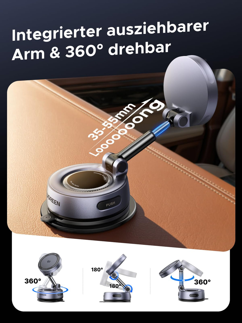 UGREEN Magflow Qi2 25W Autohalterung mit Ladefunktion, MagSafe-Kompatibel