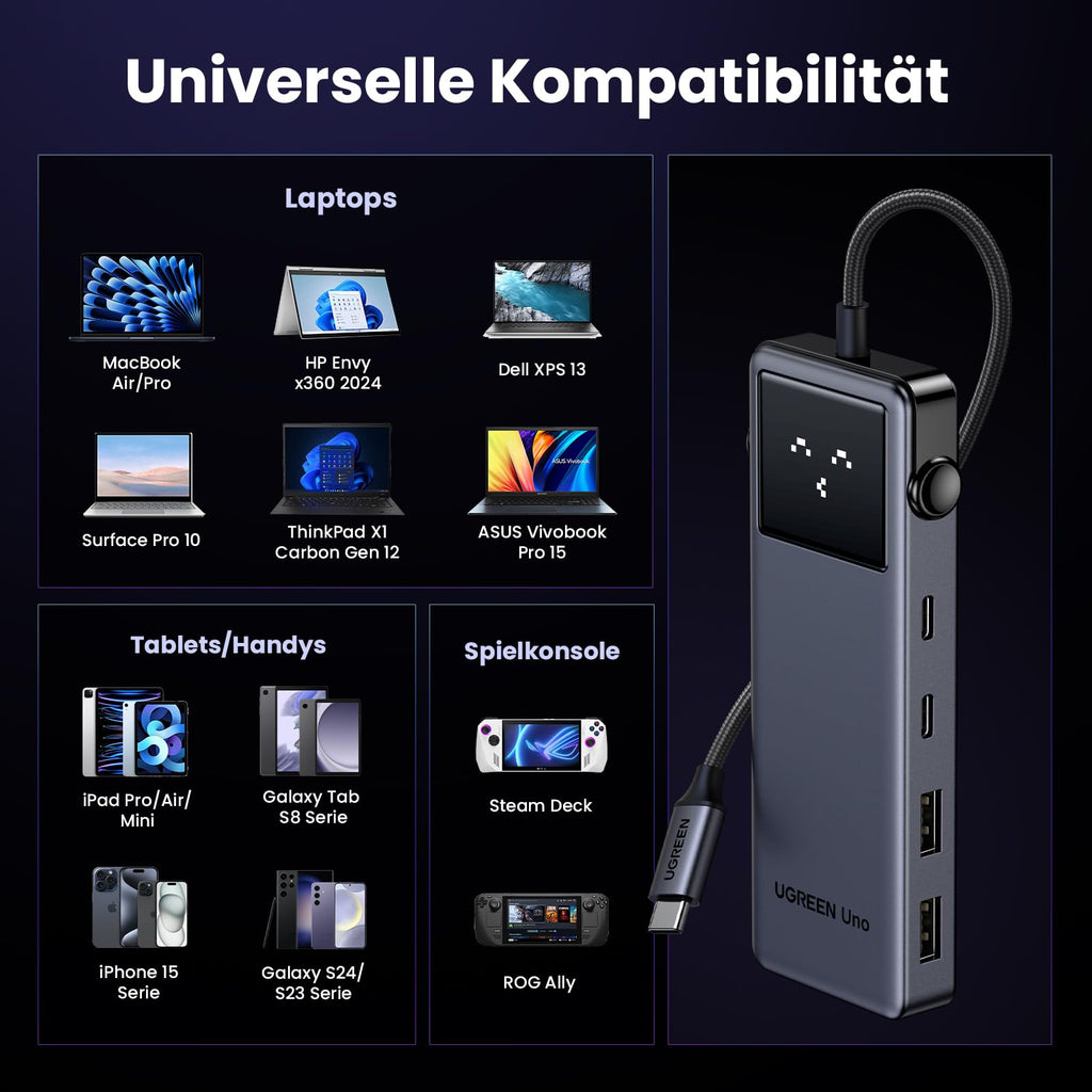 Die UGREEN Uno USB-C Hub als dockingstation ist kompatibel mit MacBook, Windows-Laptops, iPad, Android-Tablets, Steam Deck und weiteren USB-C-Geräten und ermöglicht Plug-and-Play ohne Treiber.