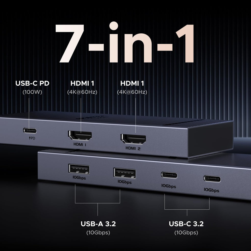 Der UGREEN Revodok Pro USB-C Hub (10Gbps, 7-IN-1, Dual 4K@60Hz) bietet als vielseitiger usb-hub sieben wichtige Anschlüsse, darunter USB-C- und USB-A-Ports, Dual-4K-HDMI-Ausgänge, SD-/TF-Steckplätze und 100W-PD-Unterstützung für umfassende mobile Erweiterungen.