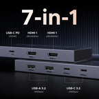 Der UGREEN Revodok Pro USB-C Hub (10Gbps, 7-IN-1, Dual 4K@60Hz) bietet als vielseitiger usb-hub sieben wichtige Anschlüsse, darunter USB-C- und USB-A-Ports, Dual-4K-HDMI-Ausgänge, SD-/TF-Steckplätze und 100W-PD-Unterstützung für umfassende mobile Erweiterungen.