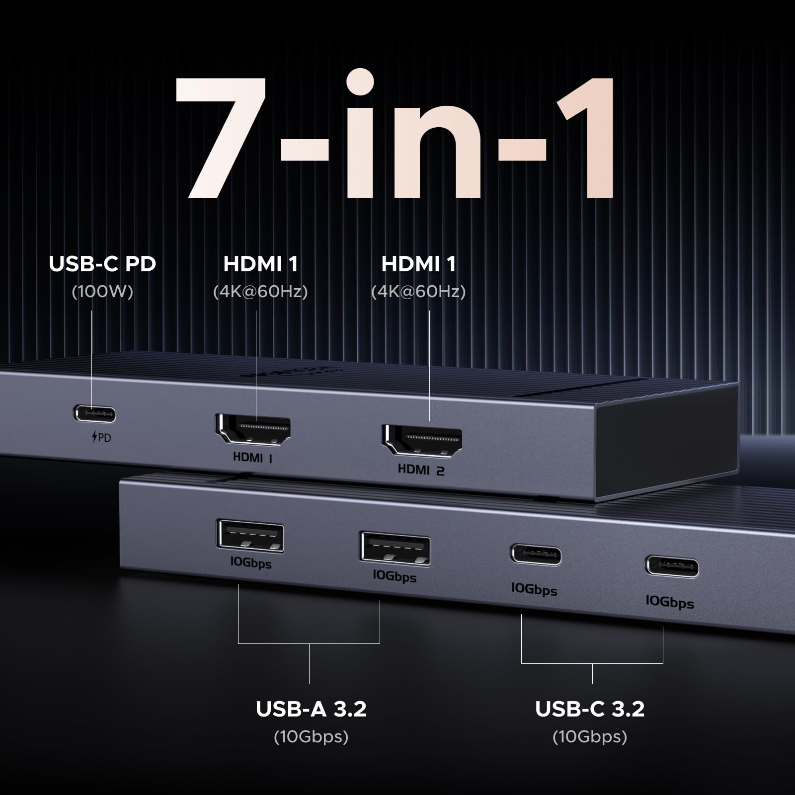 Der UGREEN Revodok Pro USB-C Hub (10Gbps, 7-IN-1, Dual 4K@60Hz) bietet als vielseitiger usb-hub sieben wichtige Anschlüsse, darunter USB-C- und USB-A-Ports, Dual-4K-HDMI-Ausgänge, SD-/TF-Steckplätze und 100W-PD-Unterstützung für umfassende mobile Erweiterungen.