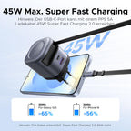 UGREEN Nexode 45W Ladegerät mit ausziehbarem USB-C-Kabel ist ein leistungsstarkes Reiseladegerät, das mit einem 5A-Kabel über USB-C2 bis zu 45W liefert – lädt ein Samsung S25 auf 65 % und ein iPhone 16 auf 56 % in nur 30 Minuten unterwegs.