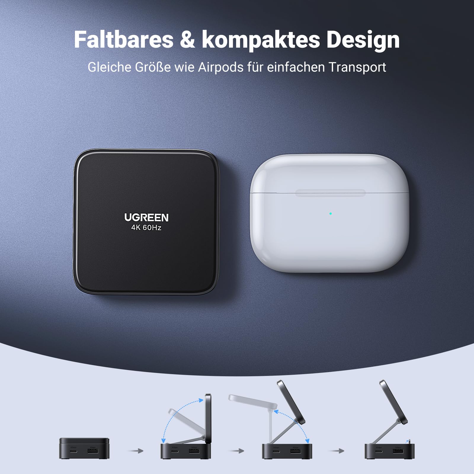 UGREEN Magnetischer USB-C Hub (4-in-1, Faltbarer, 5Gbps, 4K60Hz, 100W) überzeugt als docking station mit einem faltbaren, kompakten Design in AirPods-Größe für einfachen Transport.