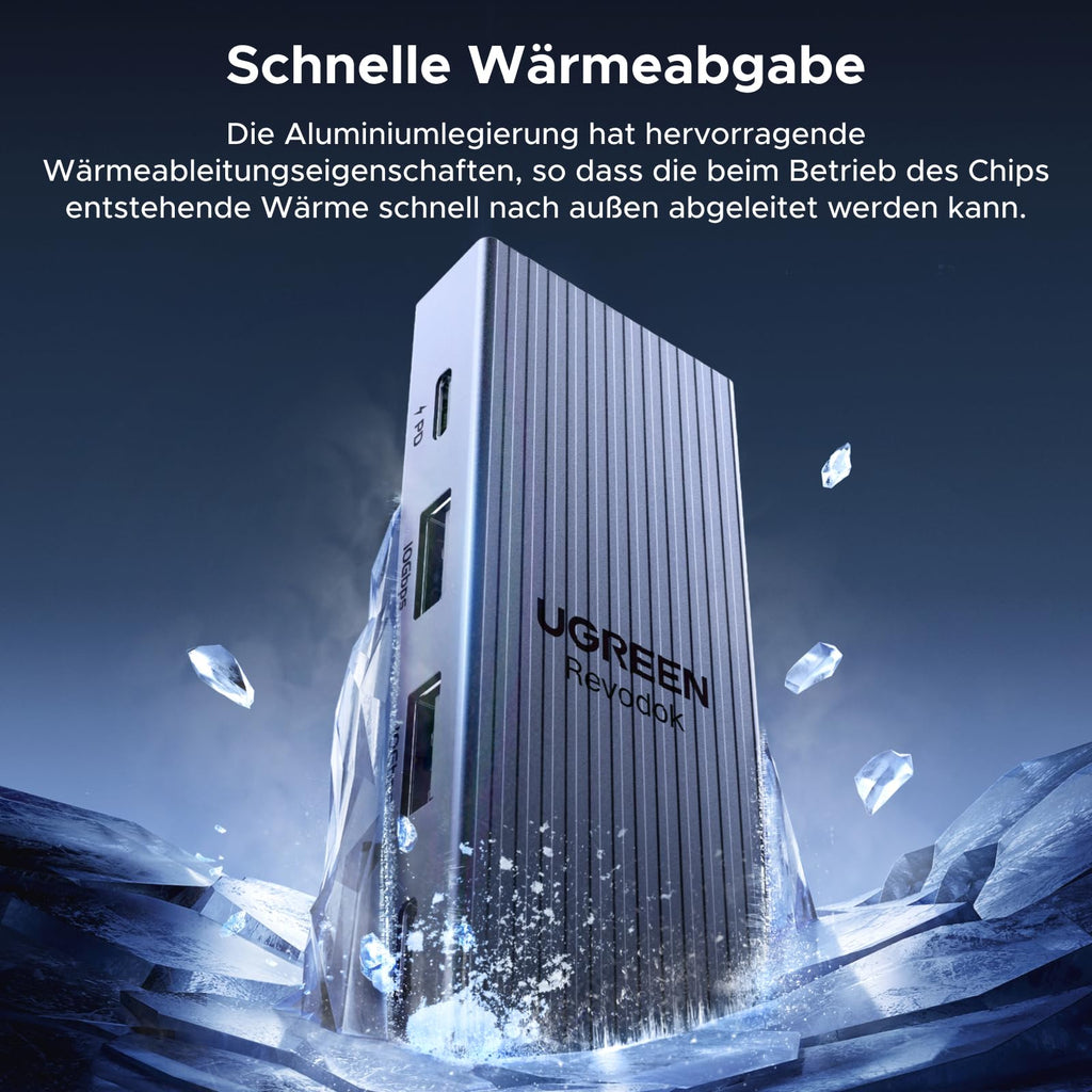 UGREEN Revodok Pro 1062 Dockingstation (6 Ports, 4K@60Hz, 10Gbps, 100W) verfügt als USB-C-Hub über ein Aluminiumgehäuse zur effizienten Wärmeableitung.
