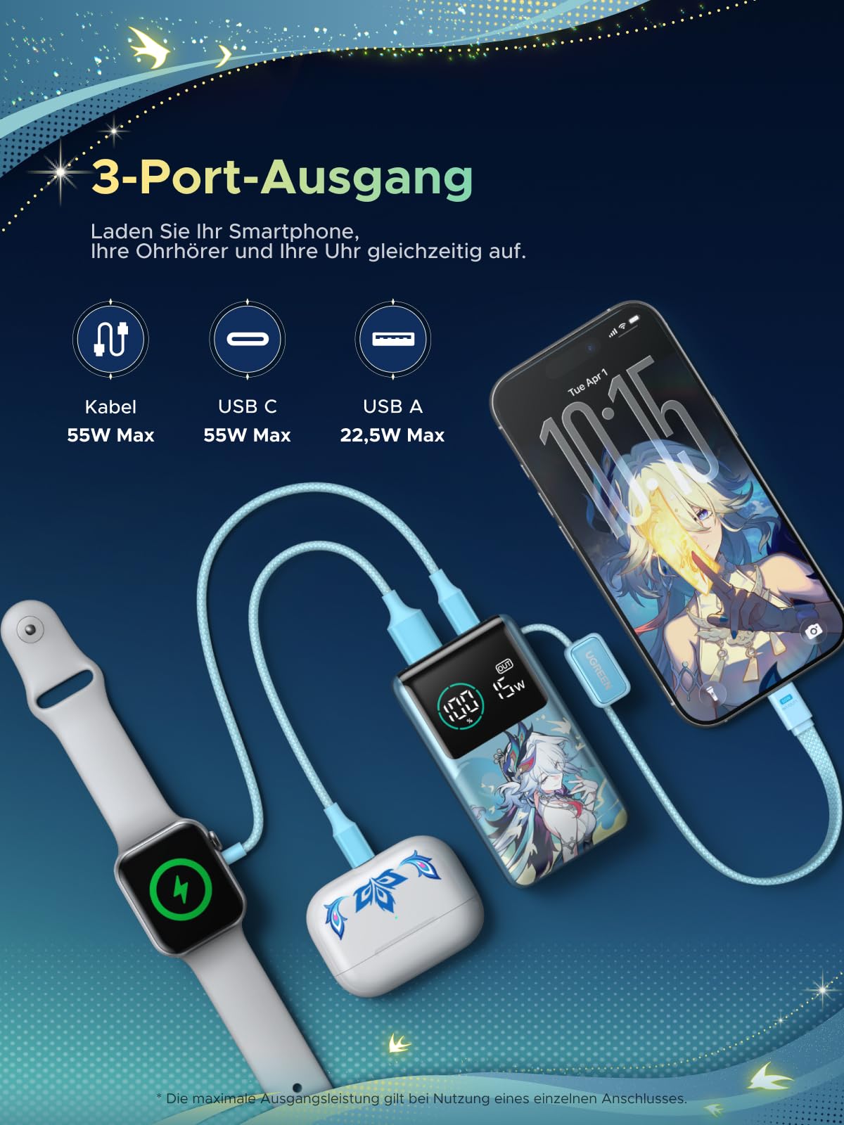 UGREEN x Honkai: Star Rail Edition Power Bank 10000mAh 55W (249g), Cyan | mit 22cm integriertem Kabel, Mi Turbo Charge für Xiaomi, 45W PD Schnellladung Kompatibel mit iPhone, für Reisen