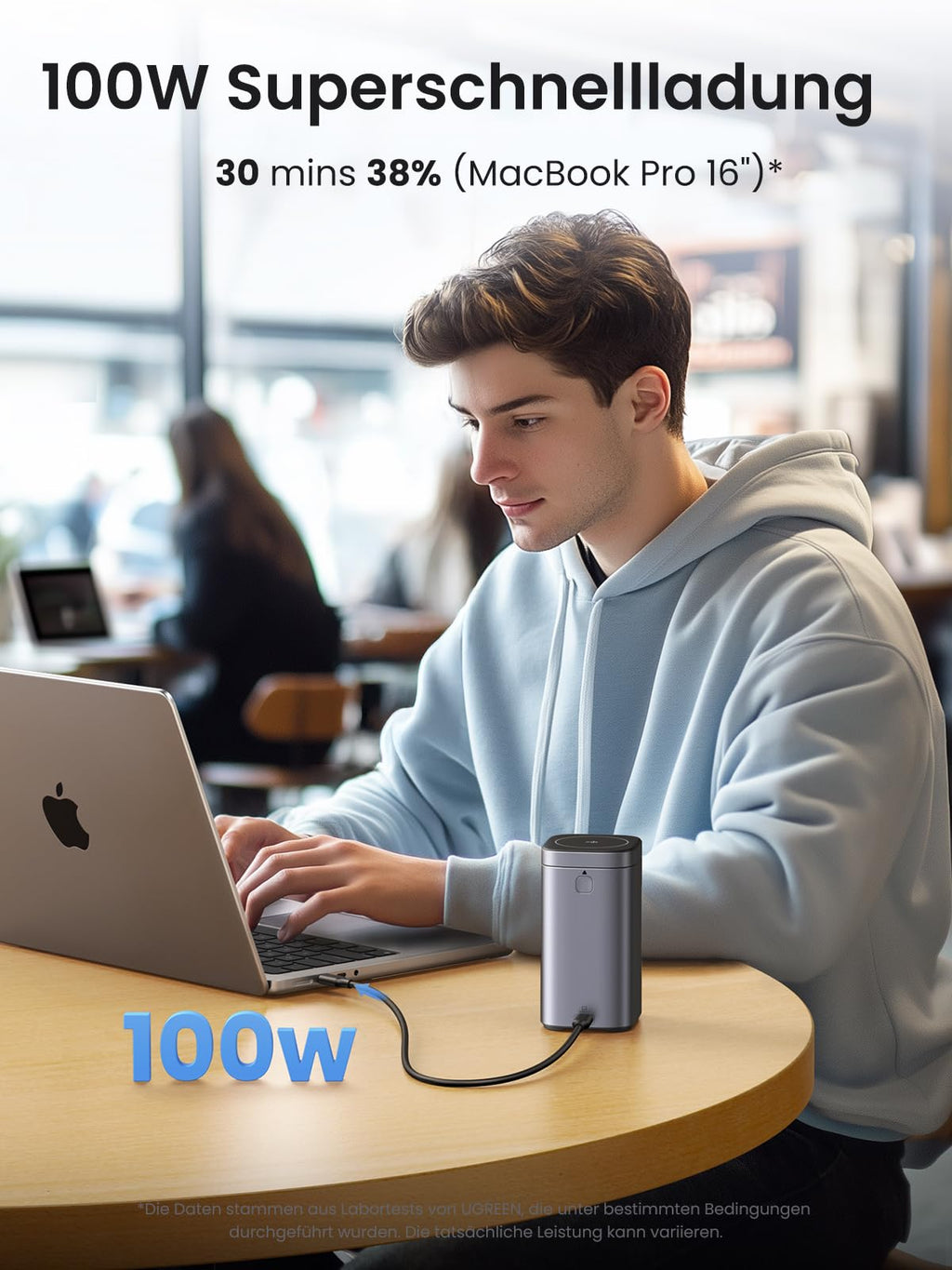 UGREEN Nexode PowerBank (20000mAh, 145W, mit magnetischem Ladepanel) unterstützt 100W Superschnellladung und lädt ein MacBook Pro 16'' in nur 30 Minuten auf 38 %, perfekt für produktives Arbeiten unterwegs.