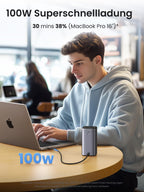 UGREEN Nexode PowerBank (20000mAh, 145W, mit magnetischem Ladepanel) unterstützt 100W Superschnellladung und lädt ein MacBook Pro 16'' in nur 30 Minuten auf 38 %, perfekt für produktives Arbeiten unterwegs.
