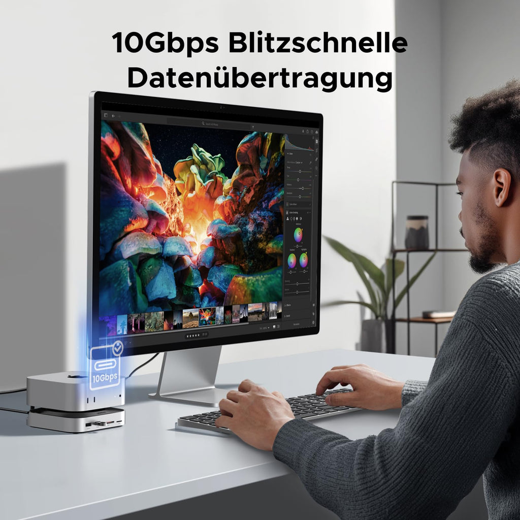 Die UGREEN Mac mini M4 Dockingstation (8K@120Hz, DisplayPort) bietet als schneller USB-Hub USB-A- und USB-C-Ports mit bis zu 10 Gbps, um große Dateien blitzschnell zu übertragen.