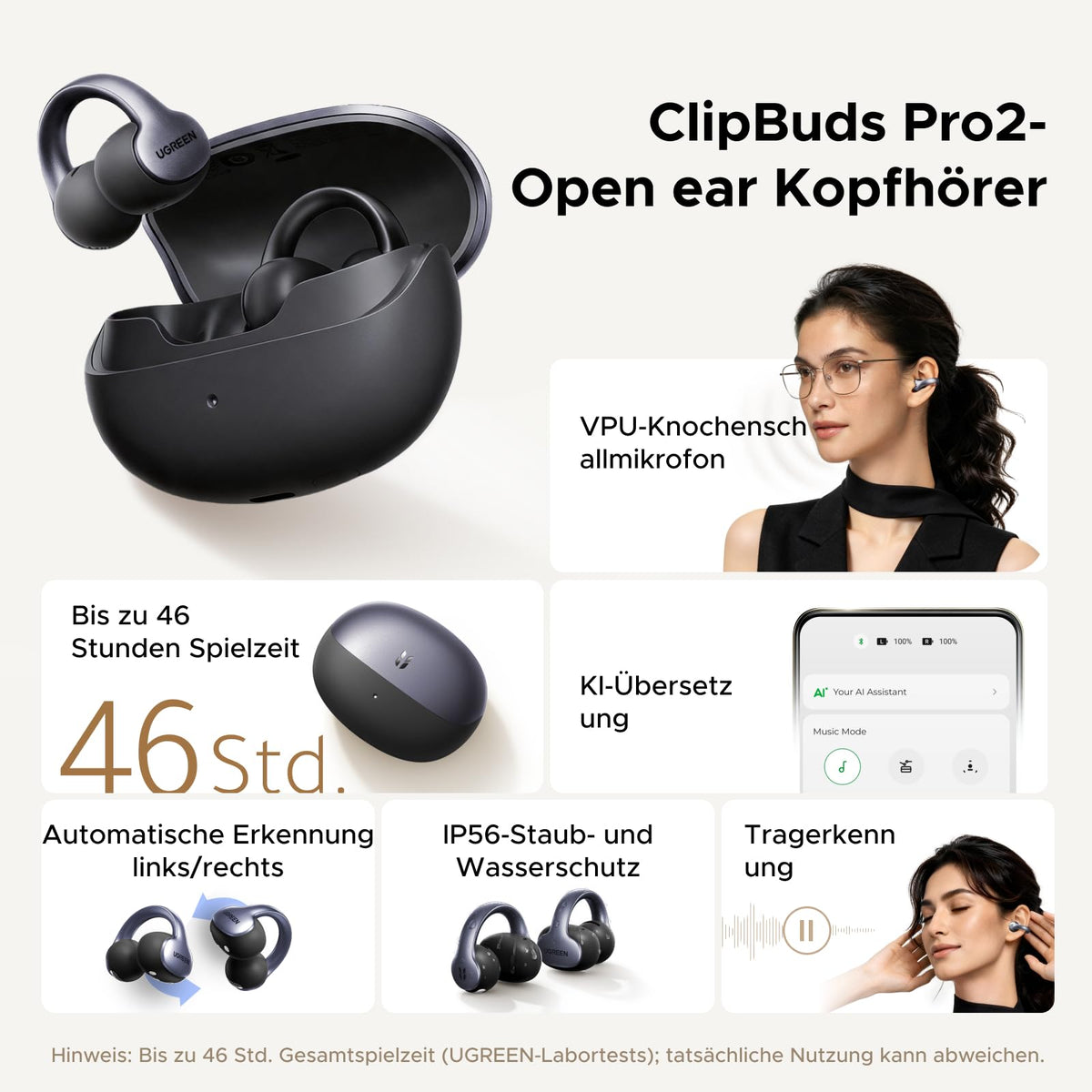 UGREEN ClipBuds Pro 2 Open-Ear Bluetooth Kopfhörer mit KI-Übersetzung