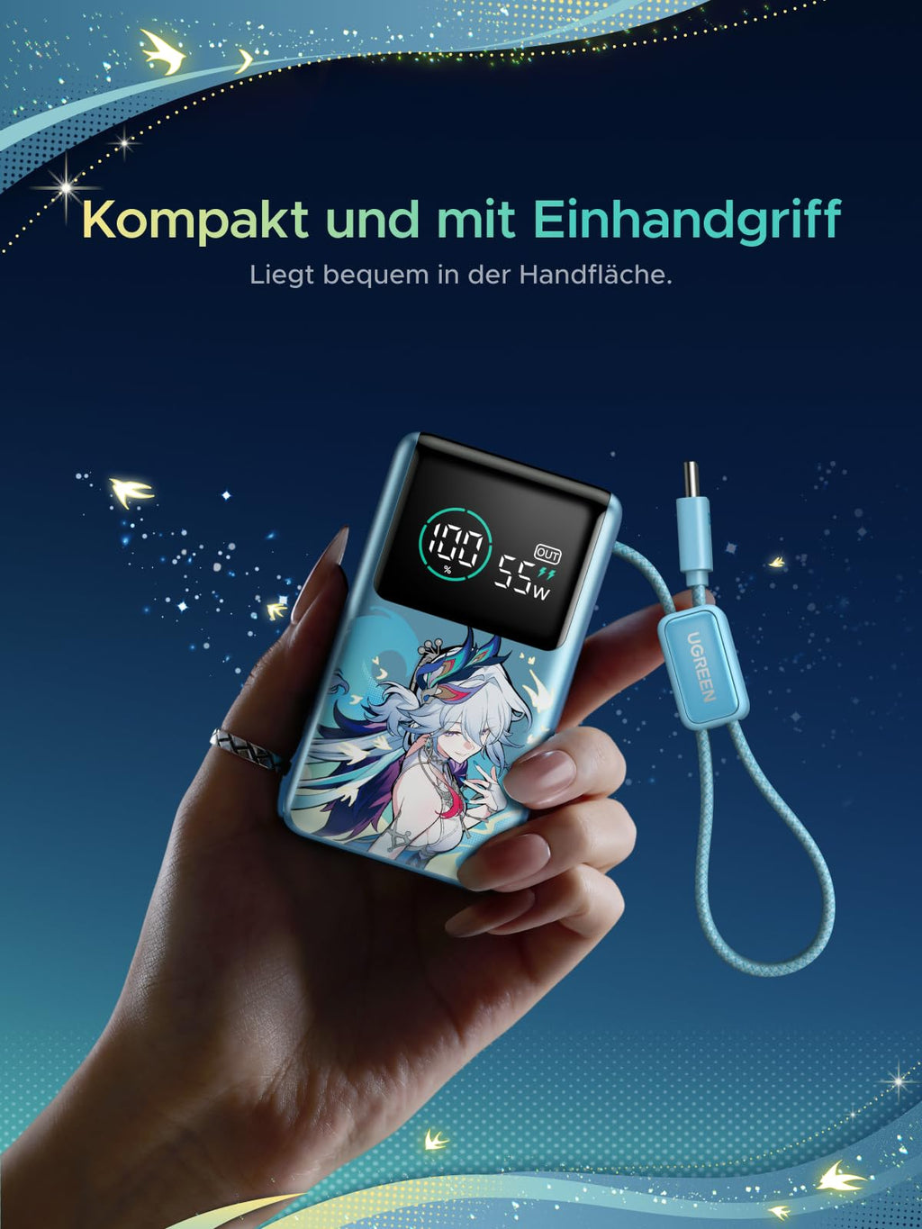 UGREEN x Honkai: Star Rail Edition Power Bank 10000mAh 55W (249g), Cyan | mit 22cm integriertem Kabel, Mi Turbo Charge für Xiaomi, 45W PD Schnellladung Kompatibel mit iPhone, für Reisen