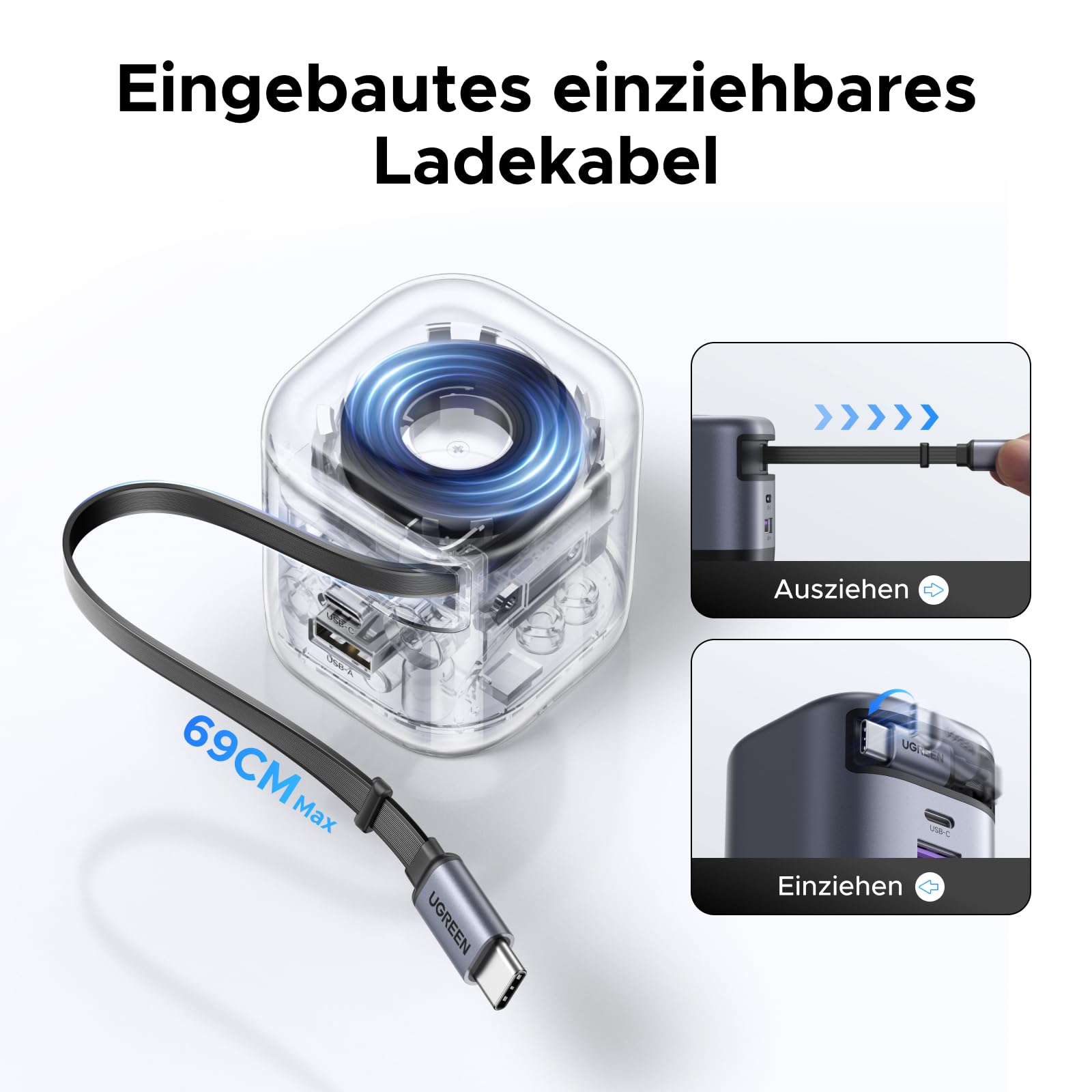 UGREEN Nexode 45W Ladegerät mit ausziehbarem USB-C-Kabel ist ein praktisches Reiseladegerät mit integriertem 69 cm Typ-C-Kabel, das sich sauber einziehen lässt – ideal für ordentliches Laden unterwegs.