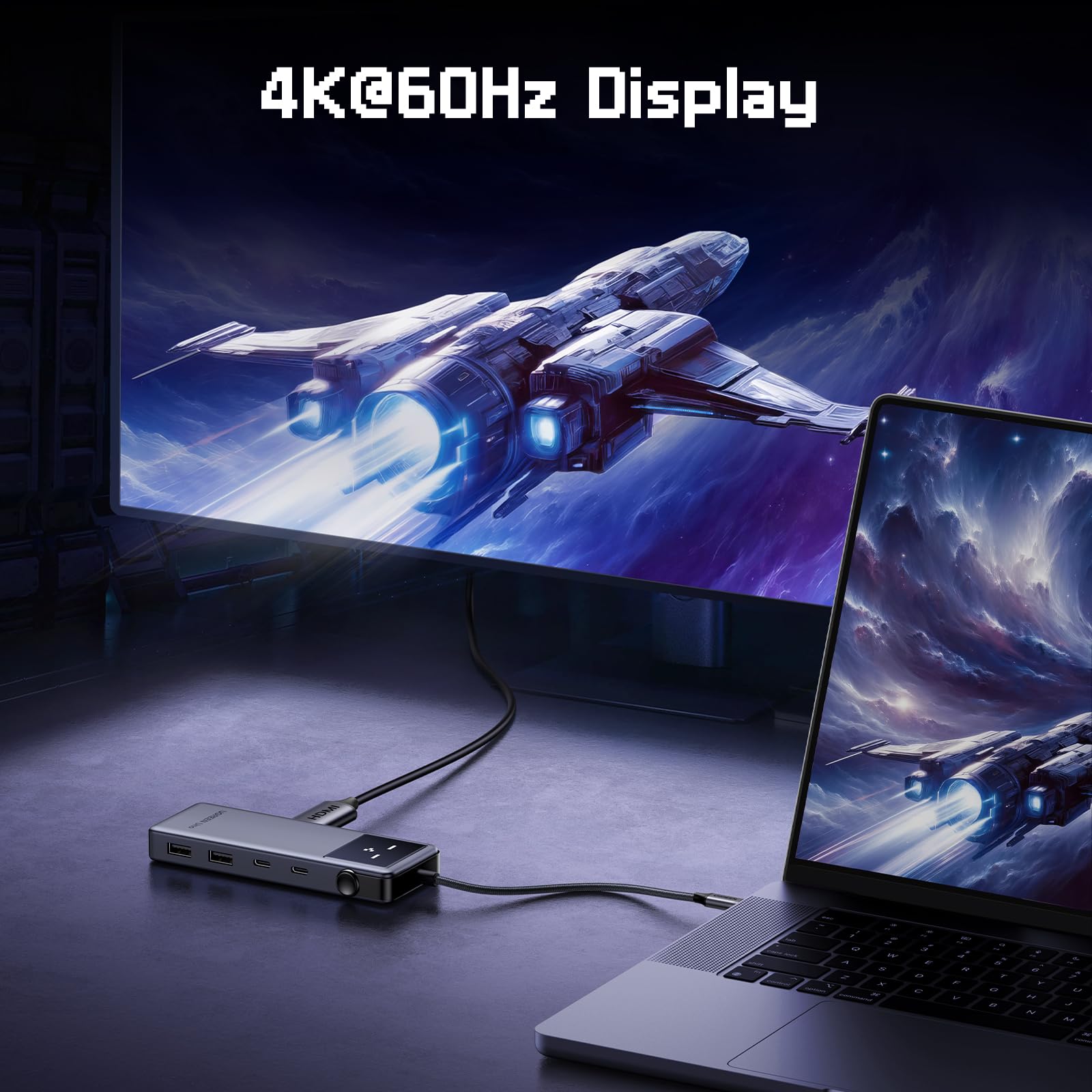Über den HDMI-Anschluss unterstützt die UGREEN Uno USB-C Hub als USB-C-Hub eine ultraklare Einzelanzeige mit bis zu 4K@60Hz für Präsentationen, Kreativarbeit und Entertainment.
