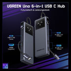 Die UGREEN Uno USB-C Hub (6-in-1, 10Gbps, 4K@60Hz) fungiert als kompakte dockingstation und USB-C-Hub mit HDMI 4K@60Hz, USB-C PD bis 100W sowie je zwei USB-A 3.2- und USB-C-3.2-Anschlüssen mit 10Gbps für vielseitige Konnektivität.