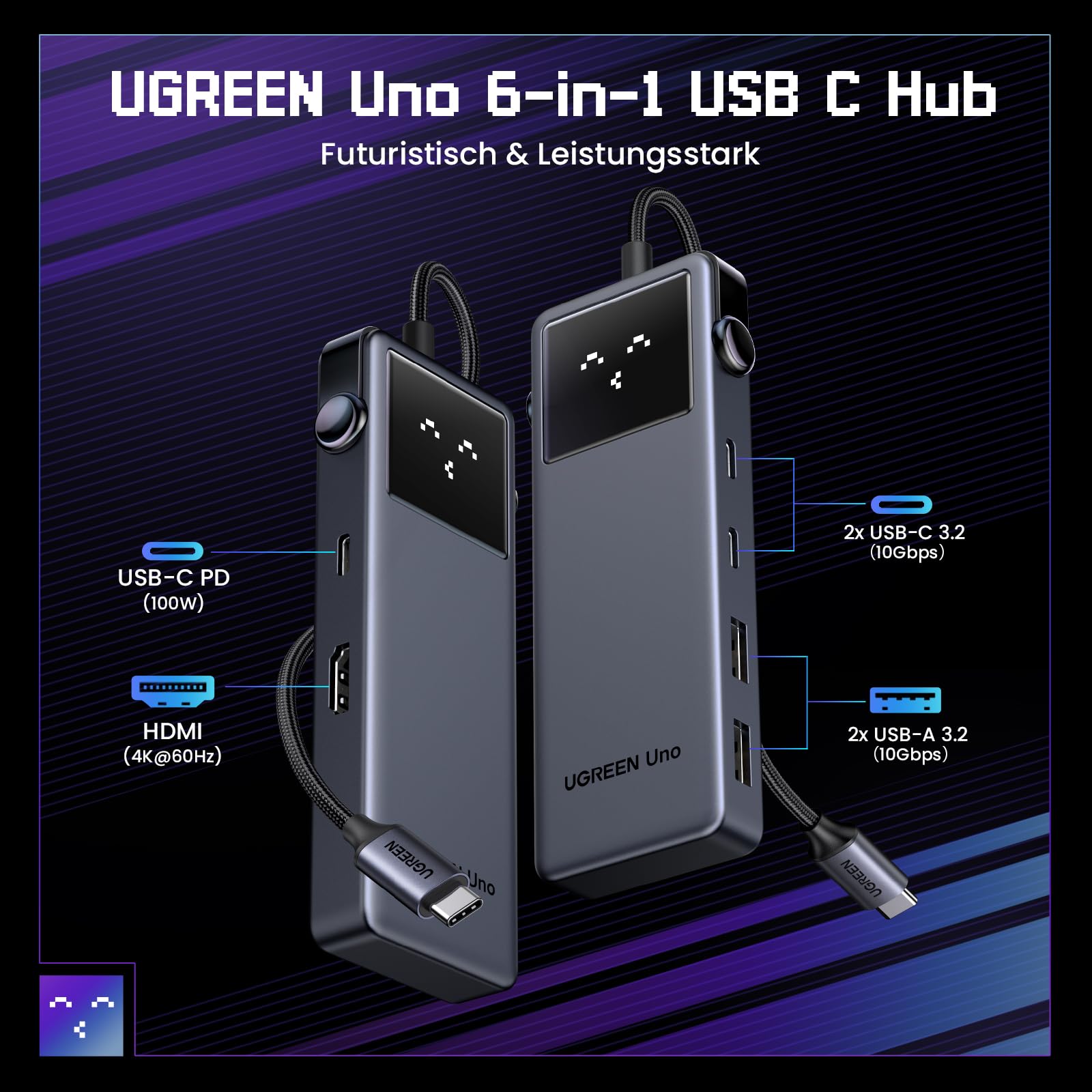 Die UGREEN Uno USB-C Hub (6-in-1, 10Gbps, 4K@60Hz) fungiert als kompakte dockingstation und USB-C-Hub mit HDMI 4K@60Hz, USB-C PD bis 100W sowie je zwei USB-A 3.2- und USB-C-3.2-Anschlüssen mit 10Gbps für vielseitige Konnektivität.