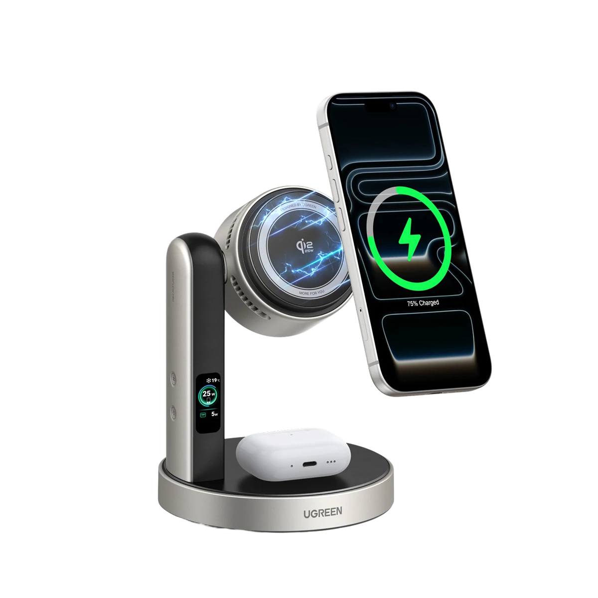 UGREEN MagFlow Pro Magnetische kabellose Ladestation (2-in-1, Qi2 25 W, intelligentes Kühlsystem)
