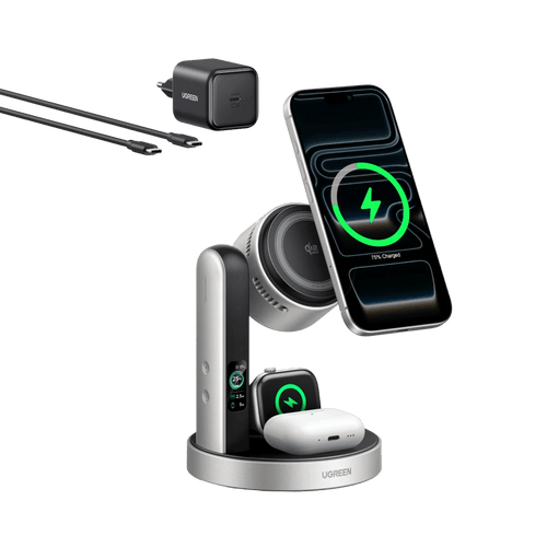 UGREEN MagFlow Pro Magnetische kabellose Ladestation (3-in-1, Qi2 25 W) - Ladegerät