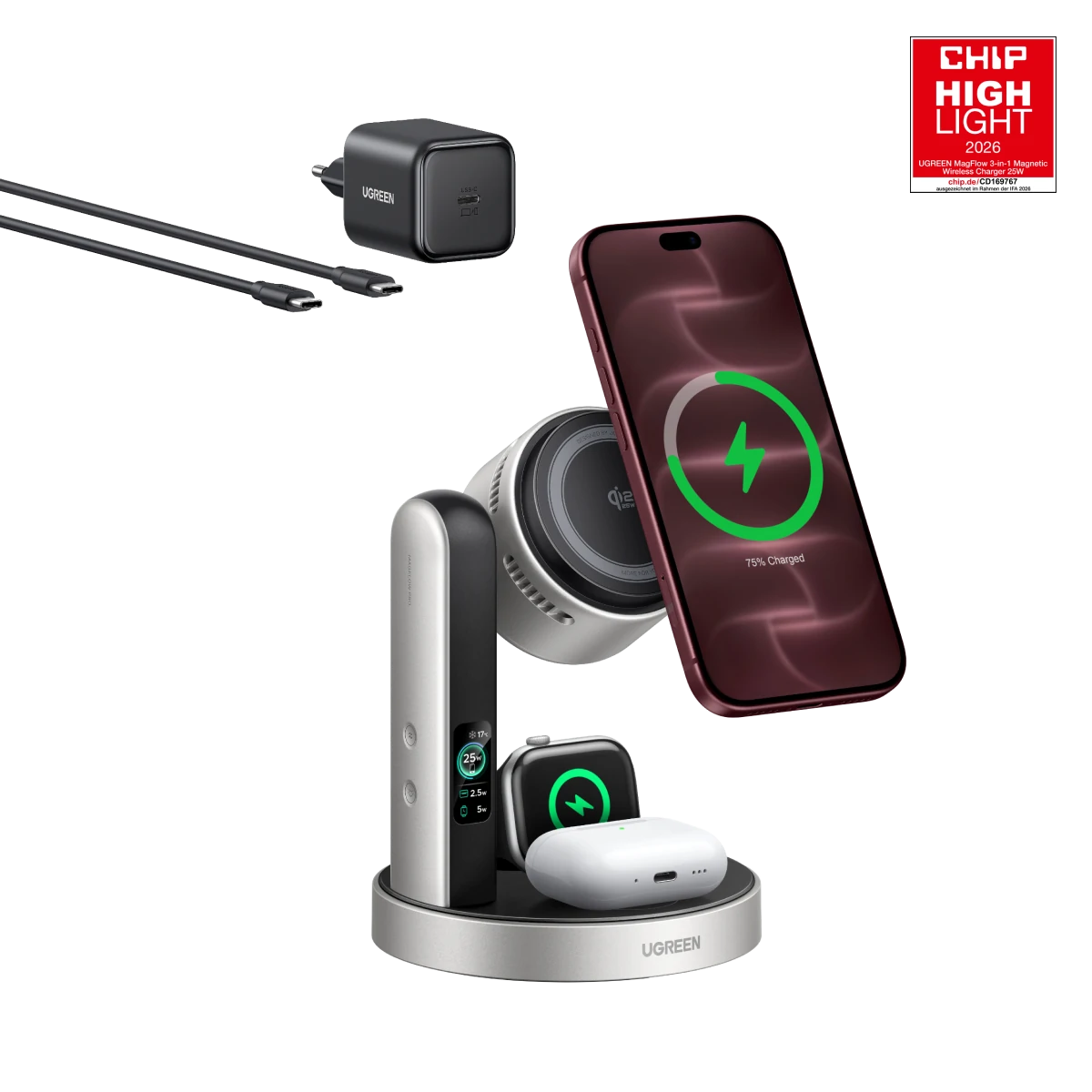 UGREEN MagFlow Pro Magnetische kabellose Ladestation (3-in-1, Qi2 25 W)