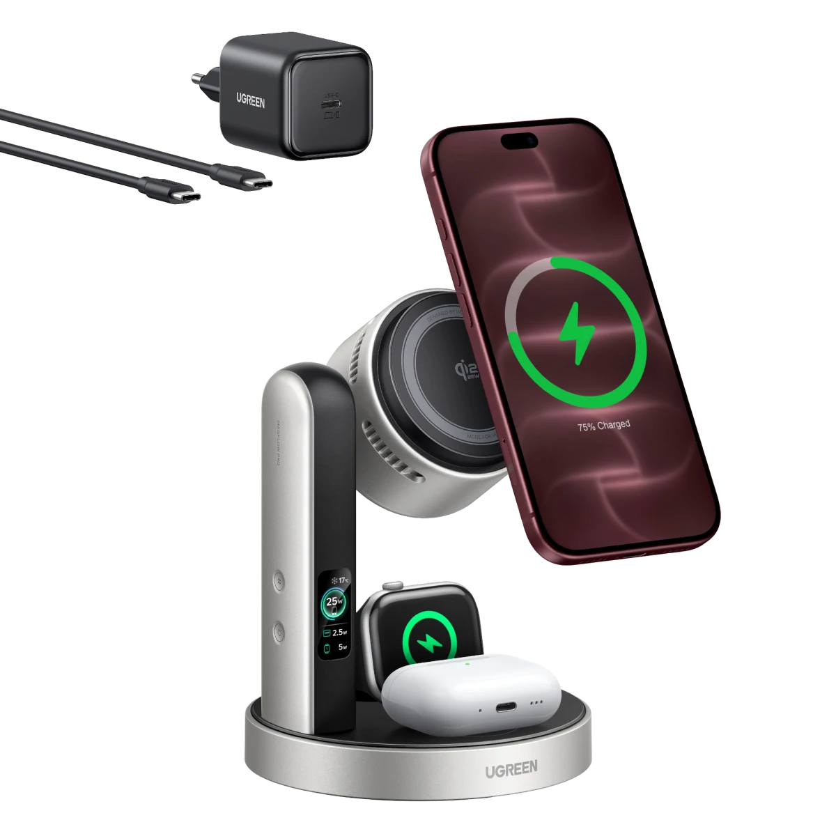 UGREEN MagFlow Pro Magnetische kabellose Ladestation (3-in-1, Qi2 25 W)