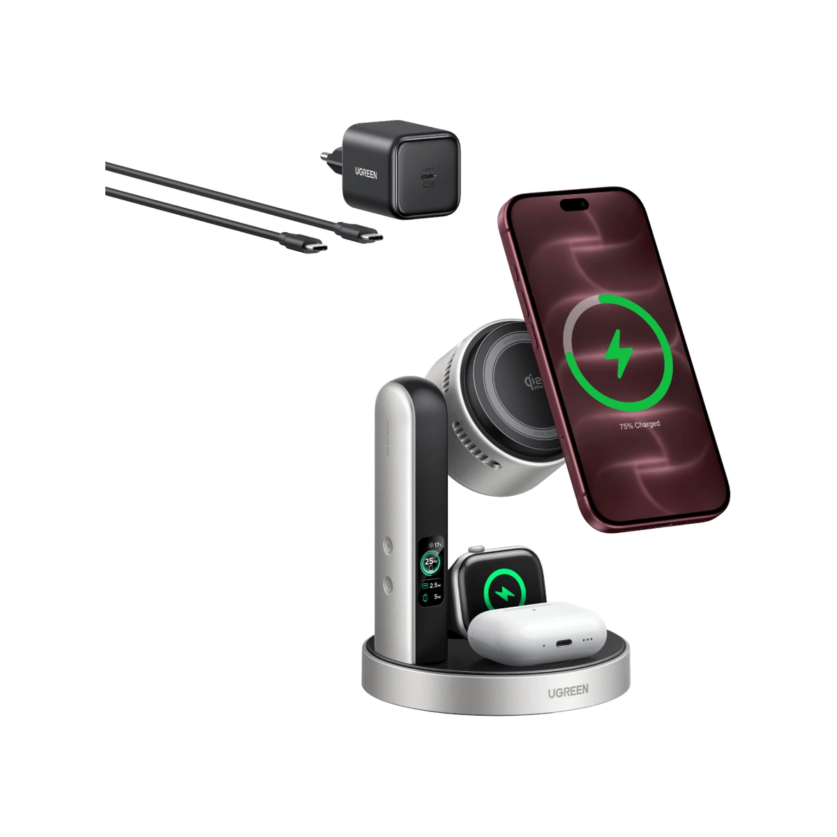 UGREEN MagFlow Pro Magnetische kabellose Ladestation (3-in-1, Qi2 25 W)