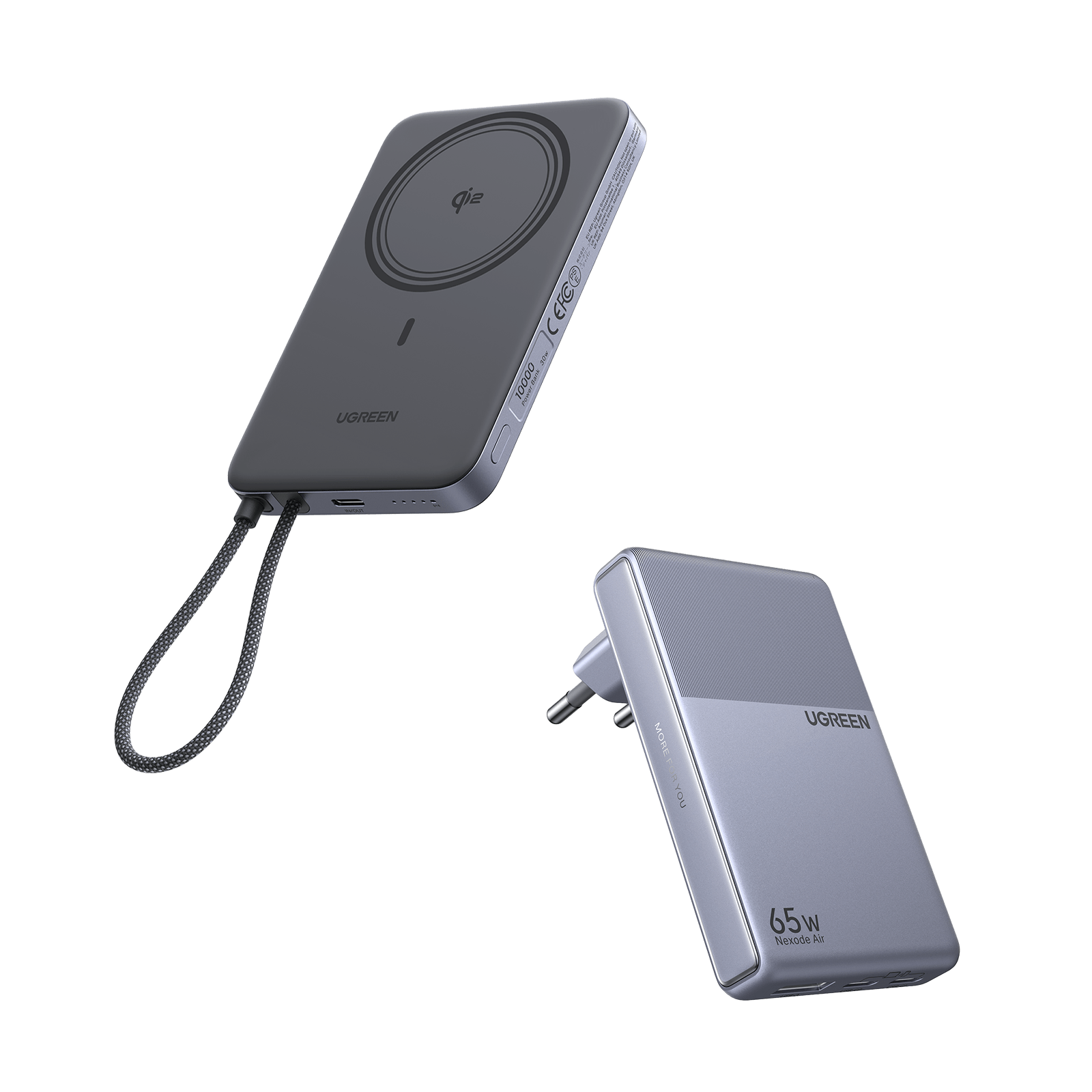 UGREEN MagFlow Air Powerbank & Nexode Air Ladegerät im Bundle (5.000 mAh / 10.000 mAh, Qi2 15 W, 65 W GaN) -