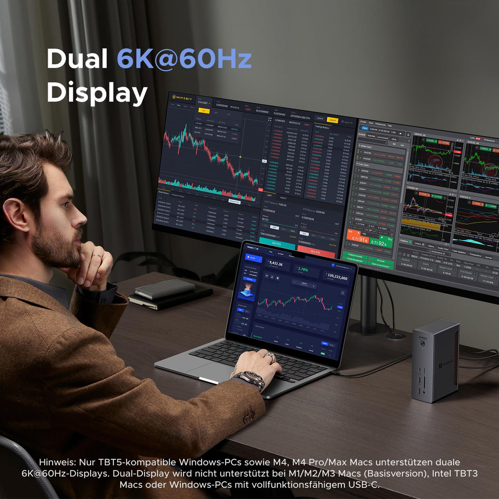 Die UGREEN Revodok Max 2131 Dockingstation (13-in-1, 140W, Thunderbolt 5) ermöglicht als moderner USB-Hub den gleichzeitigen Betrieb von zwei 6K-@60Hz-Displays und verbessert dadurch die visuelle Produktivität erheblich.