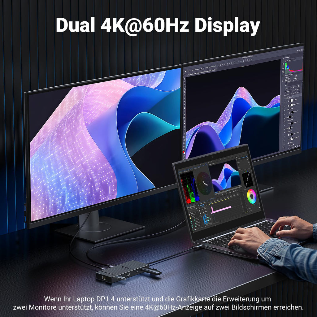 UGREEN Revodok Pro USB-C Hub ermöglicht als dockingstation eine Dual-4K@60Hz Bildschirm­erweiterung für flüssiges Multitasking und klare Bildqualität.