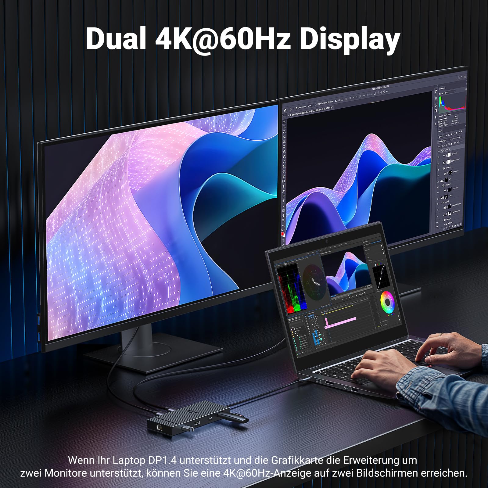 UGREEN Revodok Pro USB-C Hub ermöglicht als dockingstation eine Dual-4K@60Hz Bildschirm­erweiterung für flüssiges Multitasking und klare Bildqualität.