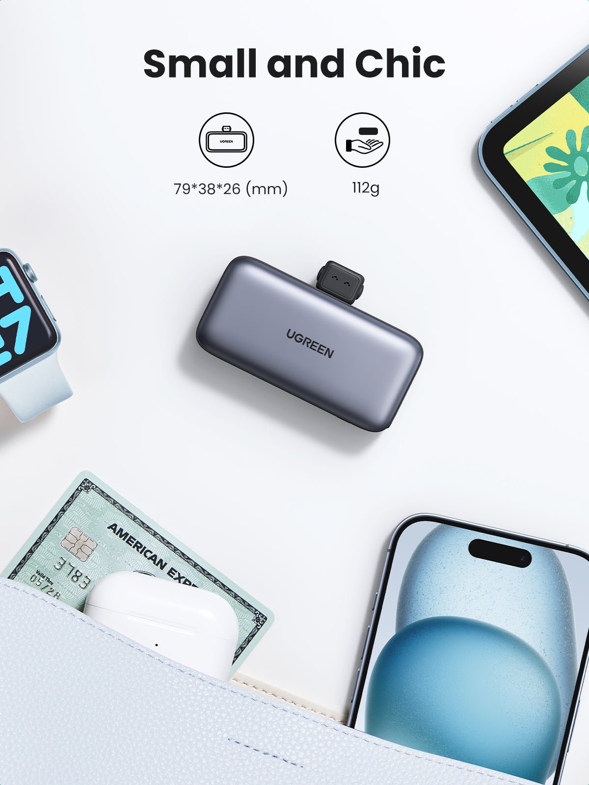 UGREEN Eingebaute USB-C Powerbank (5000mAh, 22.5W) mit LED-Anzeige